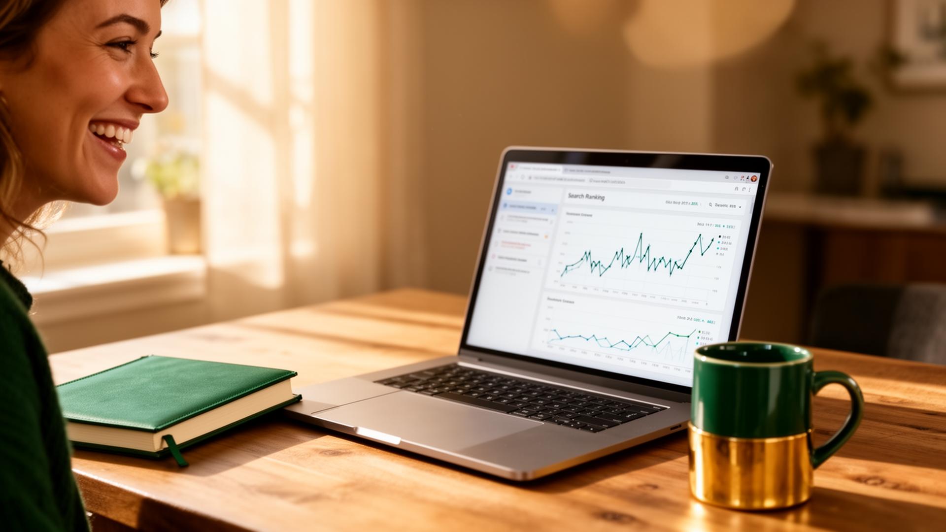 Marketer reviewing keyword rankings at a sunlit desk